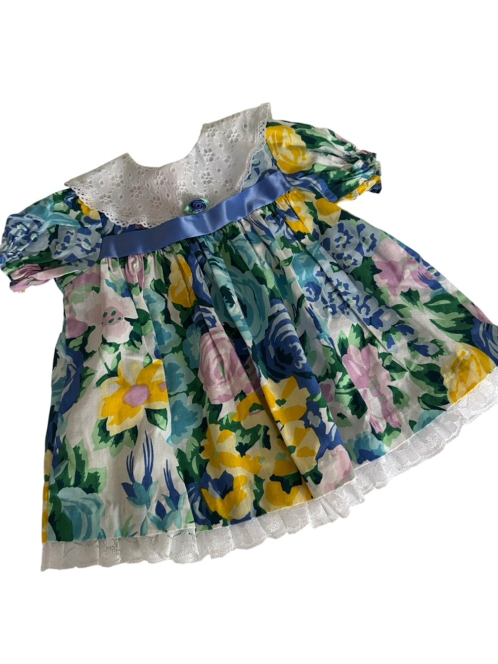 Vintage Allison Ann Girl Floral Lace-Collar Casual Dress - Blue, Yellow & Green - Picture 2 of 6